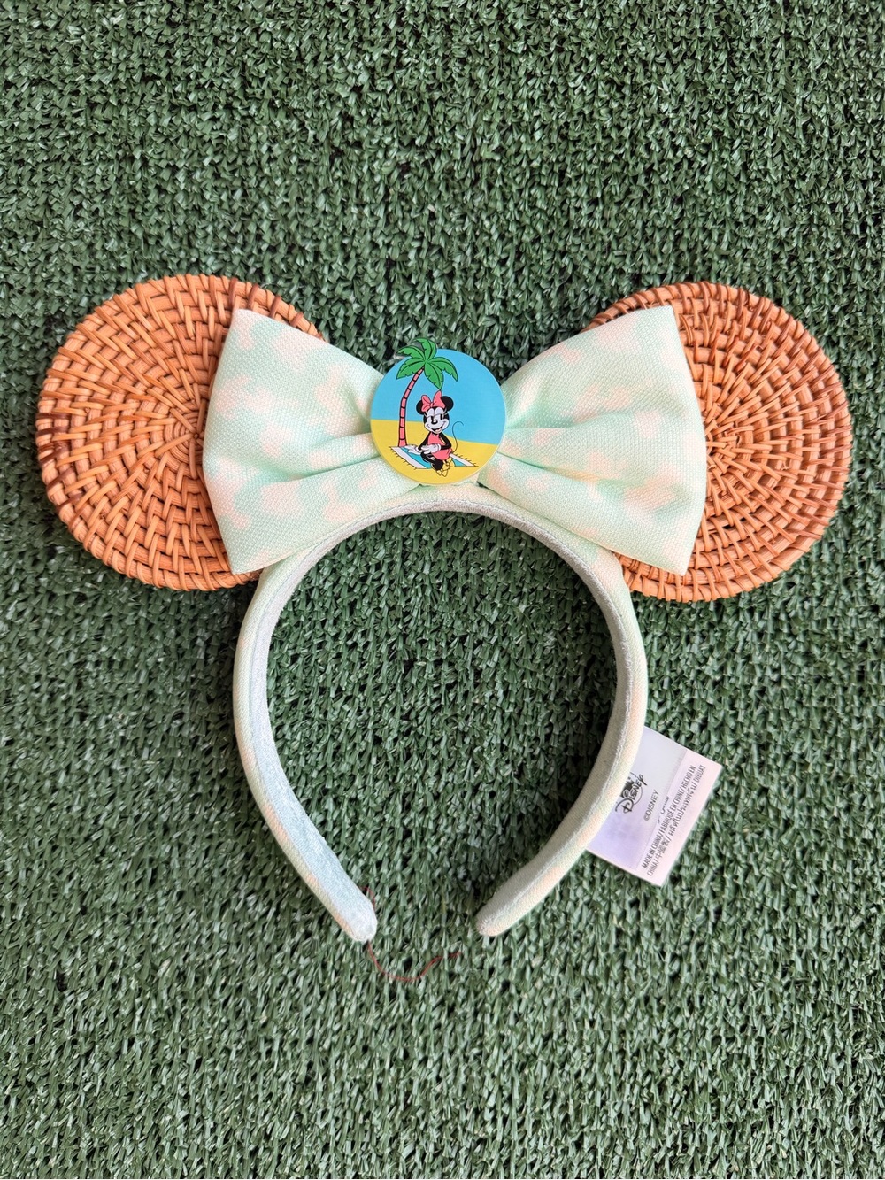 Disney Rattan Ear Headband with Mint Green Bow and Tropical Minnie Button NWOT